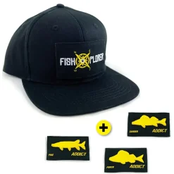 FishXplorer Set-Snapback Cap Wasser- & Uv Resistent Schwarz mit 4 Patches: Fishxplorer, Hecht, Barsch, Zander