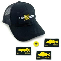 FishXplorer Set-Trucker Cap Wasser- & Uv Resistent Schwarz mit 4 Patches: Fishxplorer, Hecht, Barsch, Zander