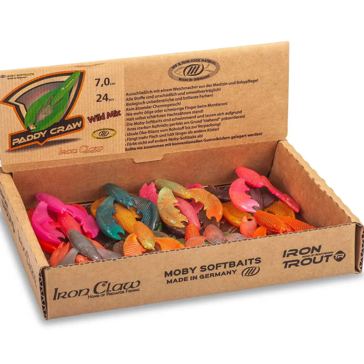 Sänger Iron Claw Moby Paddy Non Toxic Craw Wild Mix 24 Stück Gummikrebs-Set
